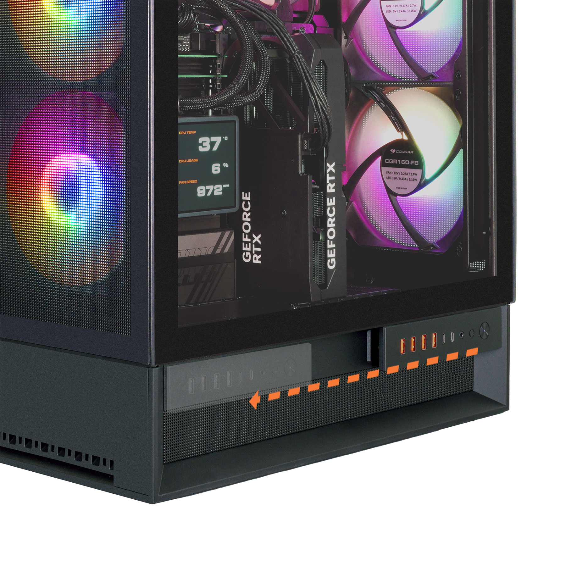 Ein PC-Gehäuse mit RGB-Lüftern, RTX-Grafikkarte und einem kleinen Display.