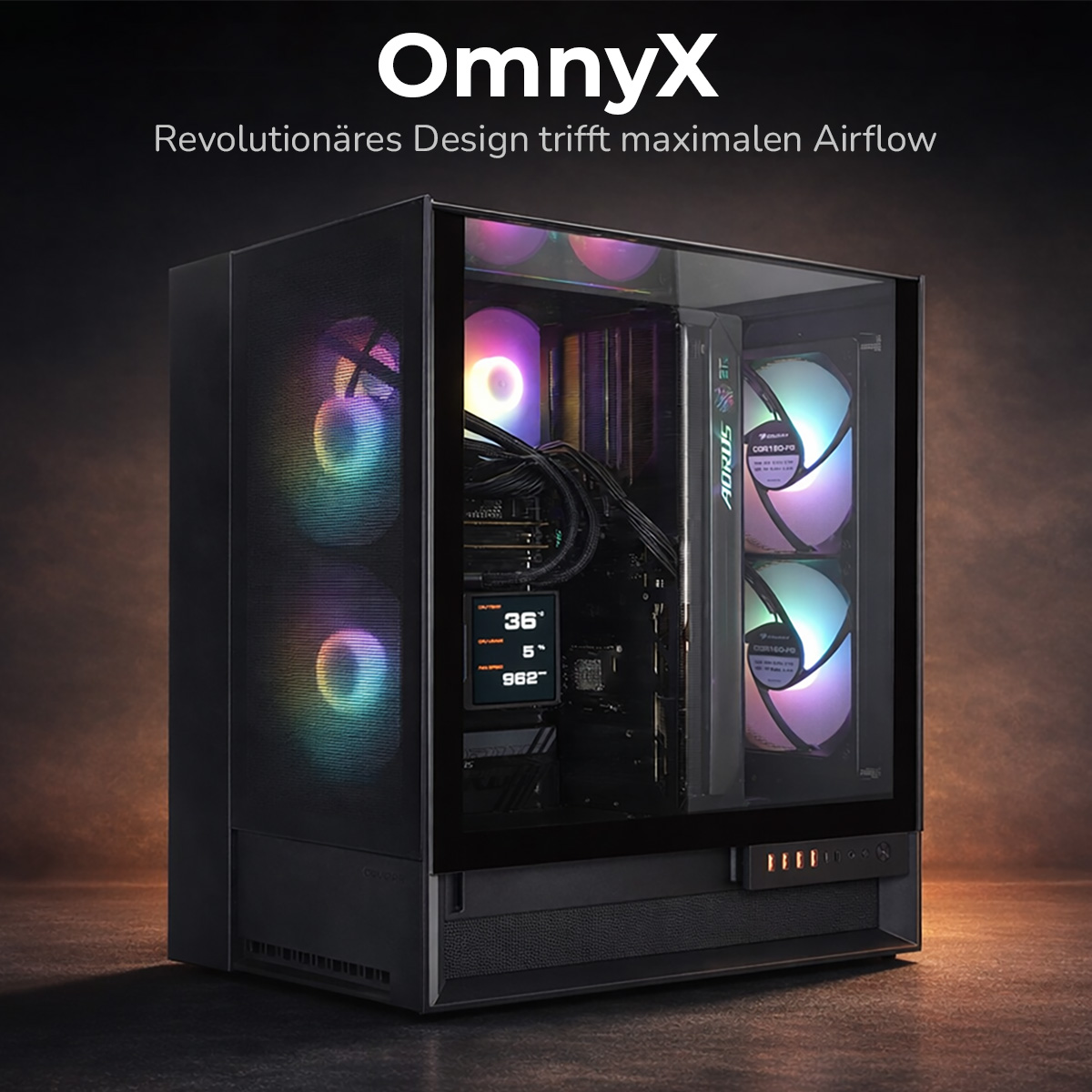 Ein schwarzer PC-Gehäuse mit RGB-Lüftern und Glasfront.