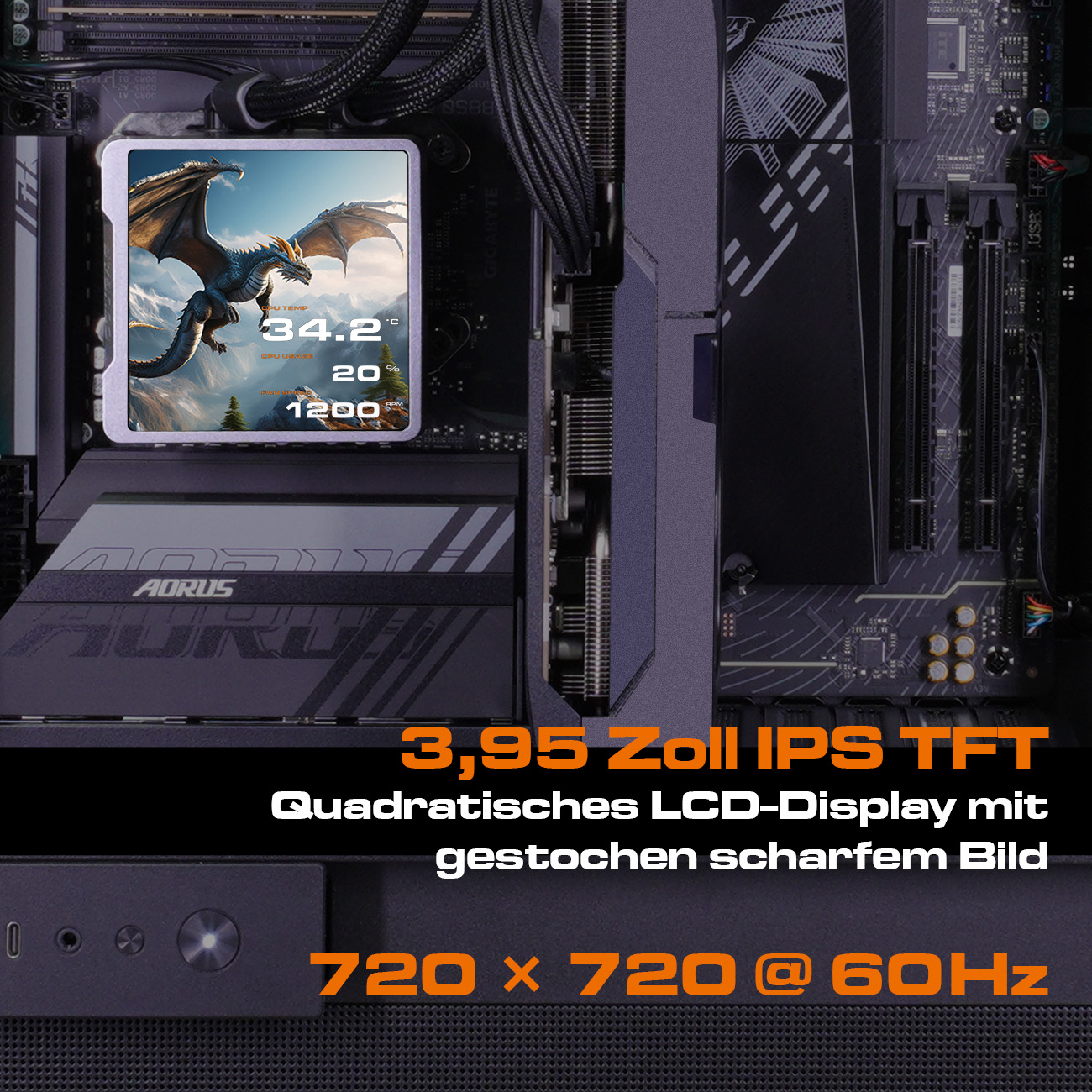 Ein Computer-Mainboard mit einem kleinen Display, das einen Drachen zeigt.