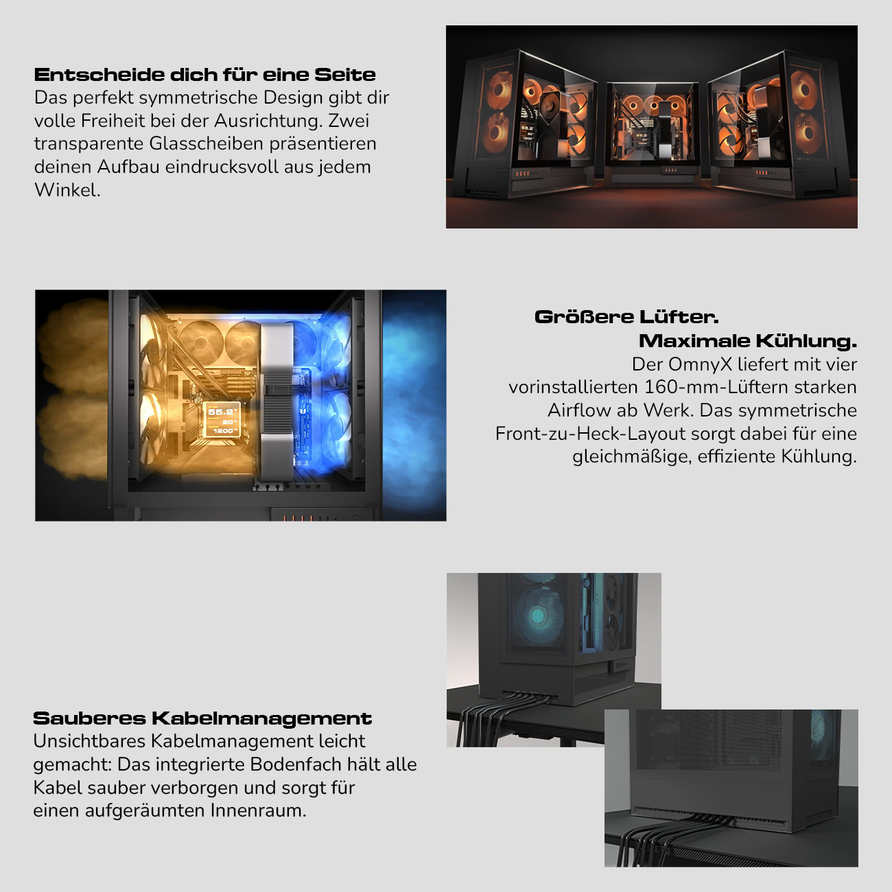 Mehrere schwarze PC-Gehäuse mit beleuchteten Lüftern und Glasfronten.