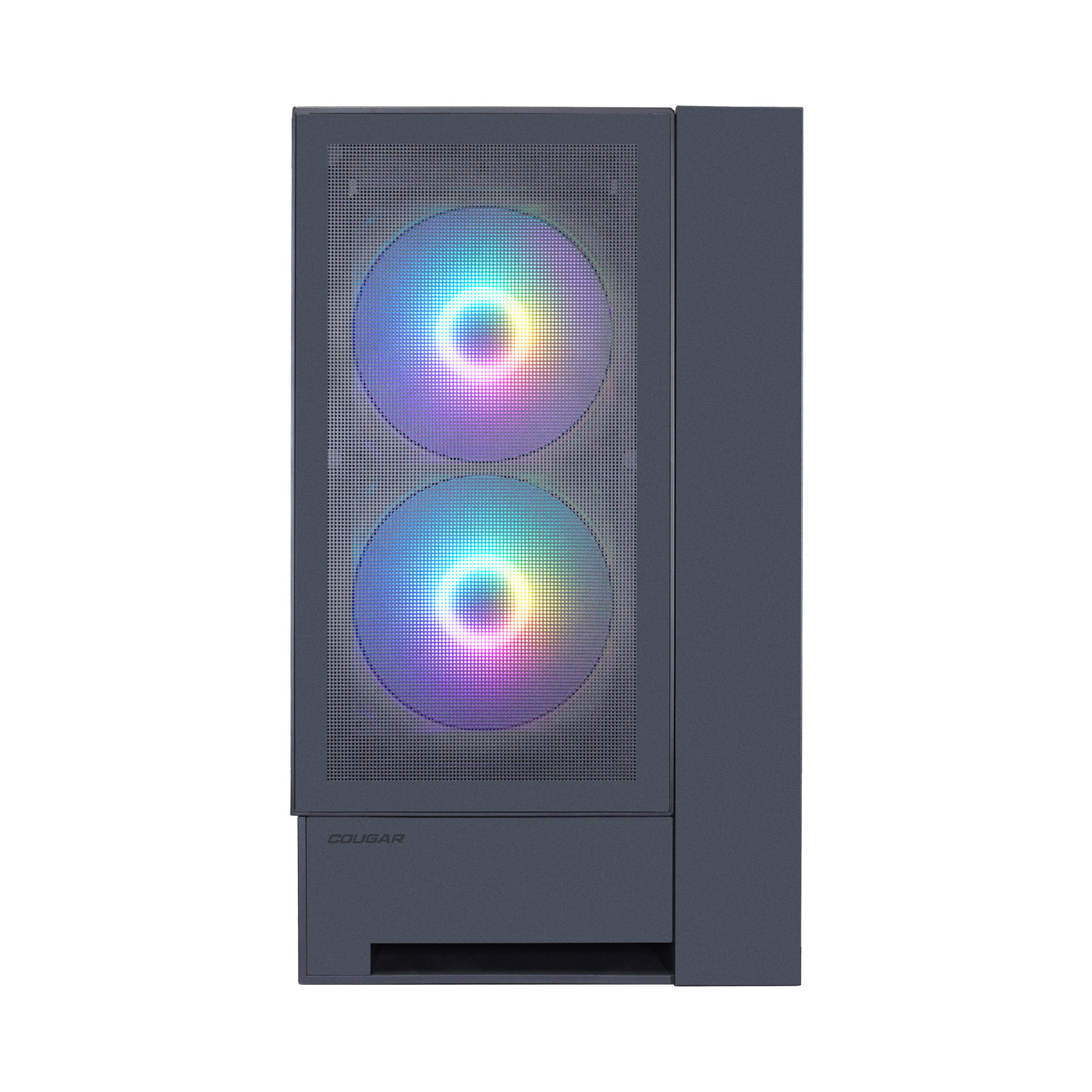 Ein dunkler Computergehäuse mit zwei beleuchteten Lüftern in Regenbogenfarben.