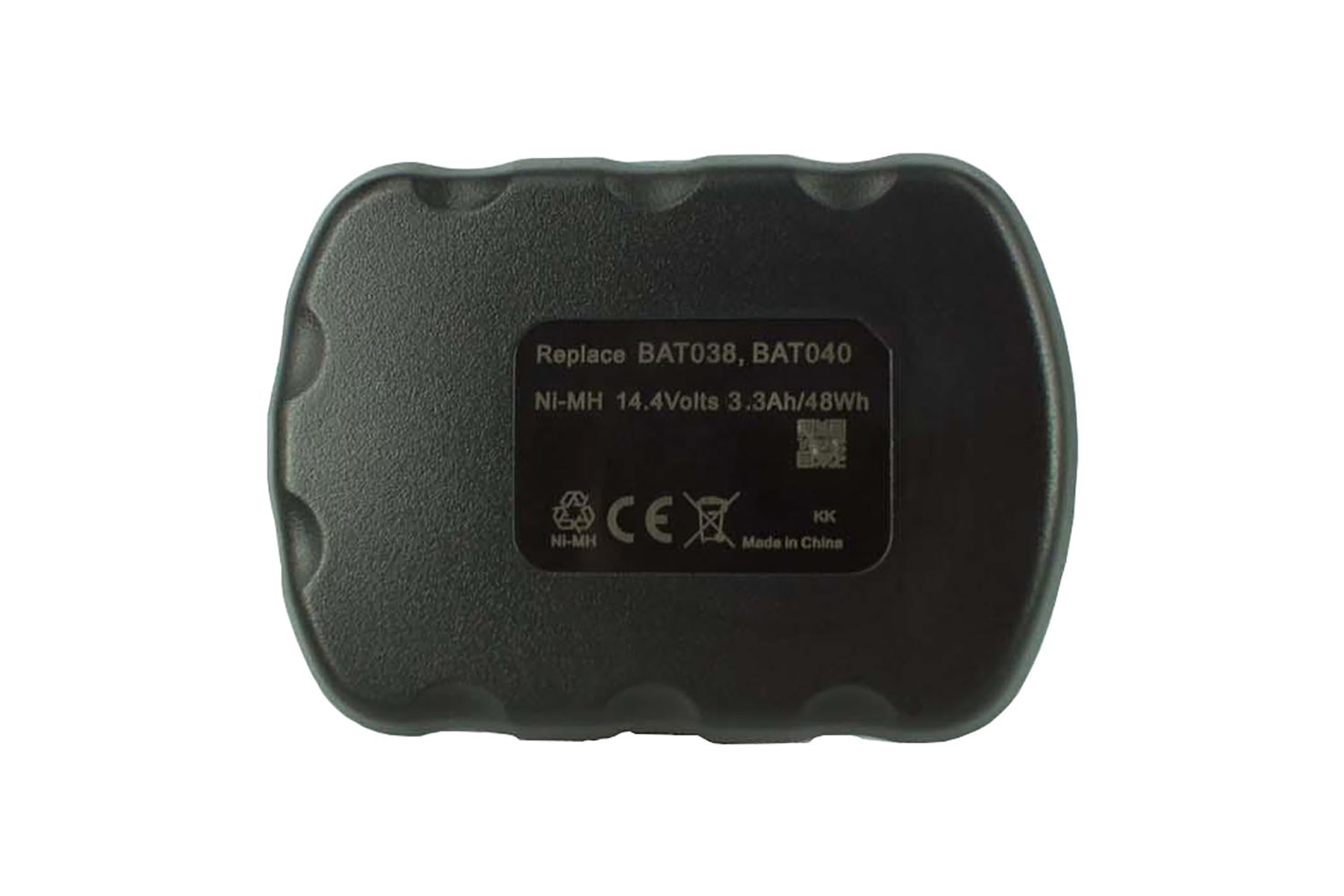 Schwarzer Akku mit Beschriftung: Ni-MH 14.4V 3.3Ah/48Wh, CE-Zeichen.
