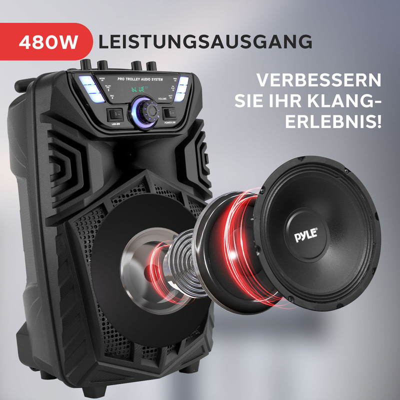 Schwarzer Lautsprecher mit 480W Leistungsausgang und explodierendem Woofer.