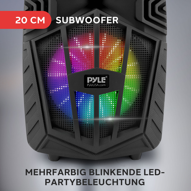 Schwarzer Pyle 20 cm Subwoofer mit mehrfarbiger blinkender LED-Partybeleuchtung.