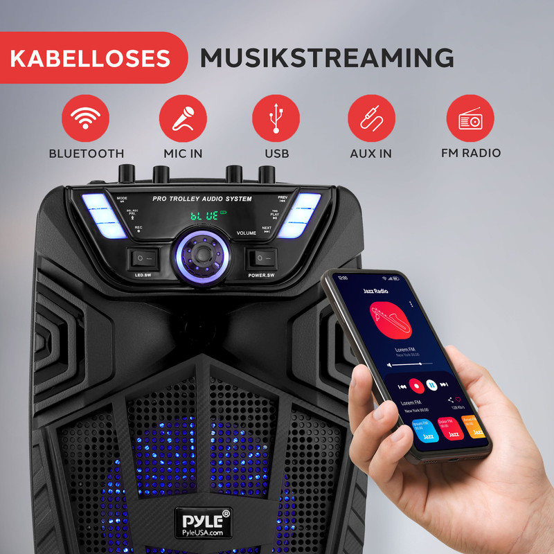 Schwarzer Lautsprecher mit Smartphone-Steuerung und Icons für Bluetooth, Mikrofon, USB, AUX, Radio.