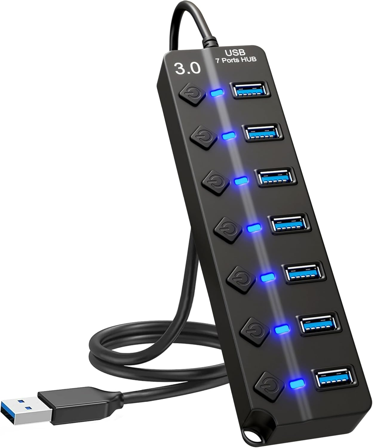 Schwarzer 7-Port USB 3.0 Hub mit blauen LED-Anzeigen und Ein/Aus-Schaltern.