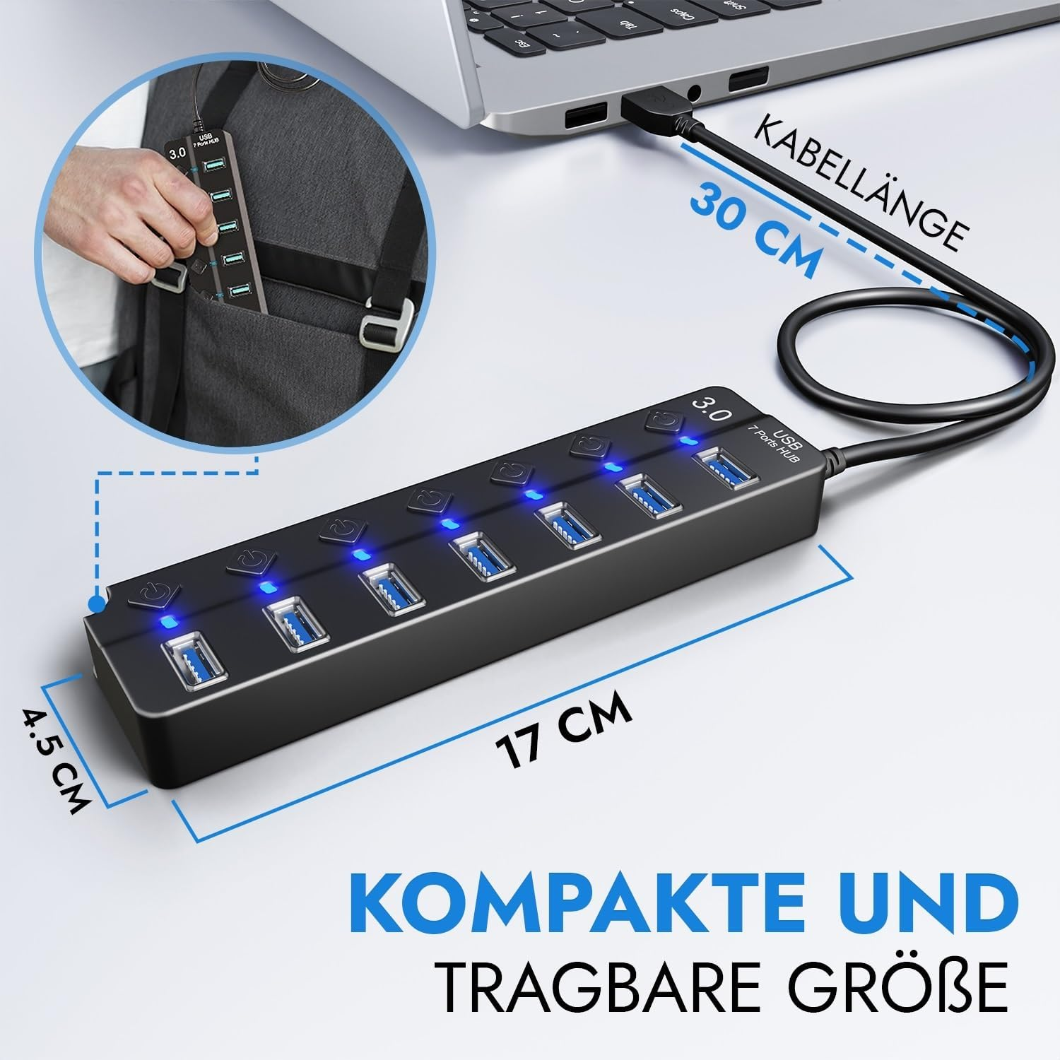 Schwarzer 7-Port-USB-3.0-Hub mit blauen LEDs, 17x4,5cm, 30cm Kabel.