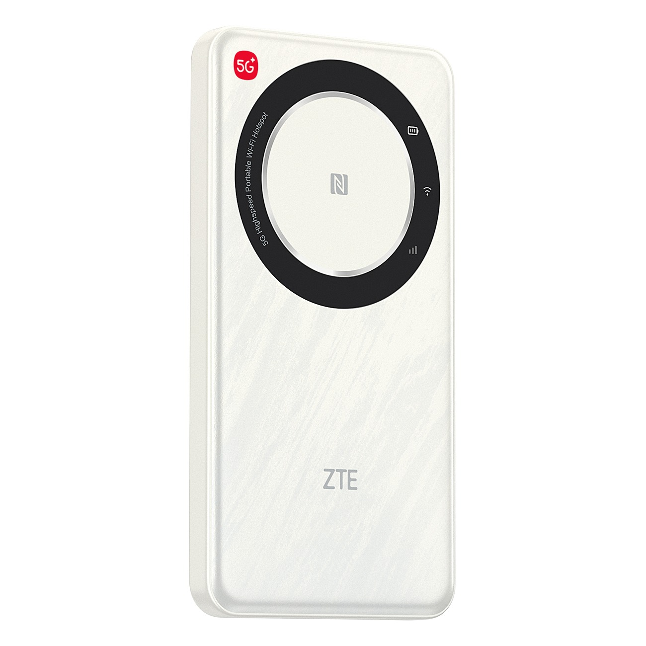 Weißes 5G-WLAN-Hotspot-Gerät mit ZTE-Logo und Ladeanzeige.