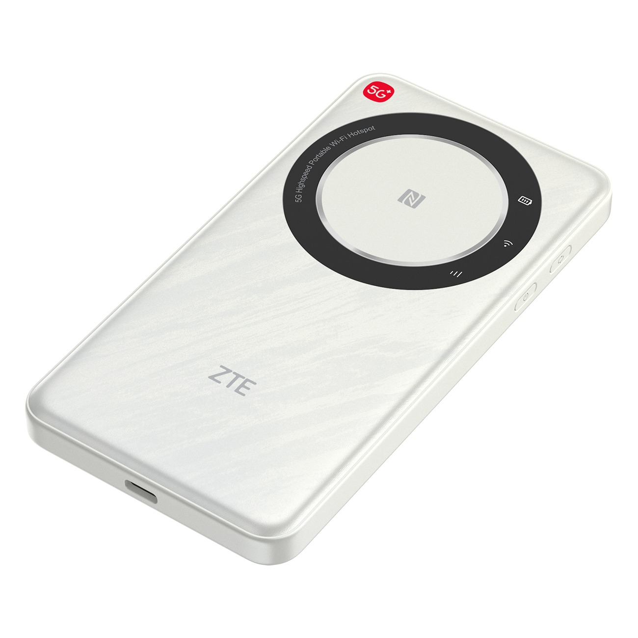 Ein weißer 5G mobiler Hotspot von ZTE mit NFC-Symbol und Ladeanzeige.