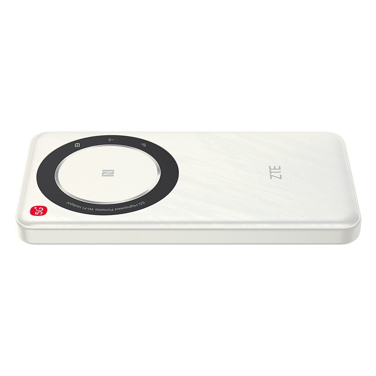 Ein weißer, rechteckiger 5G mobiler Hotspot von ZTE mit NFC-Symbol.