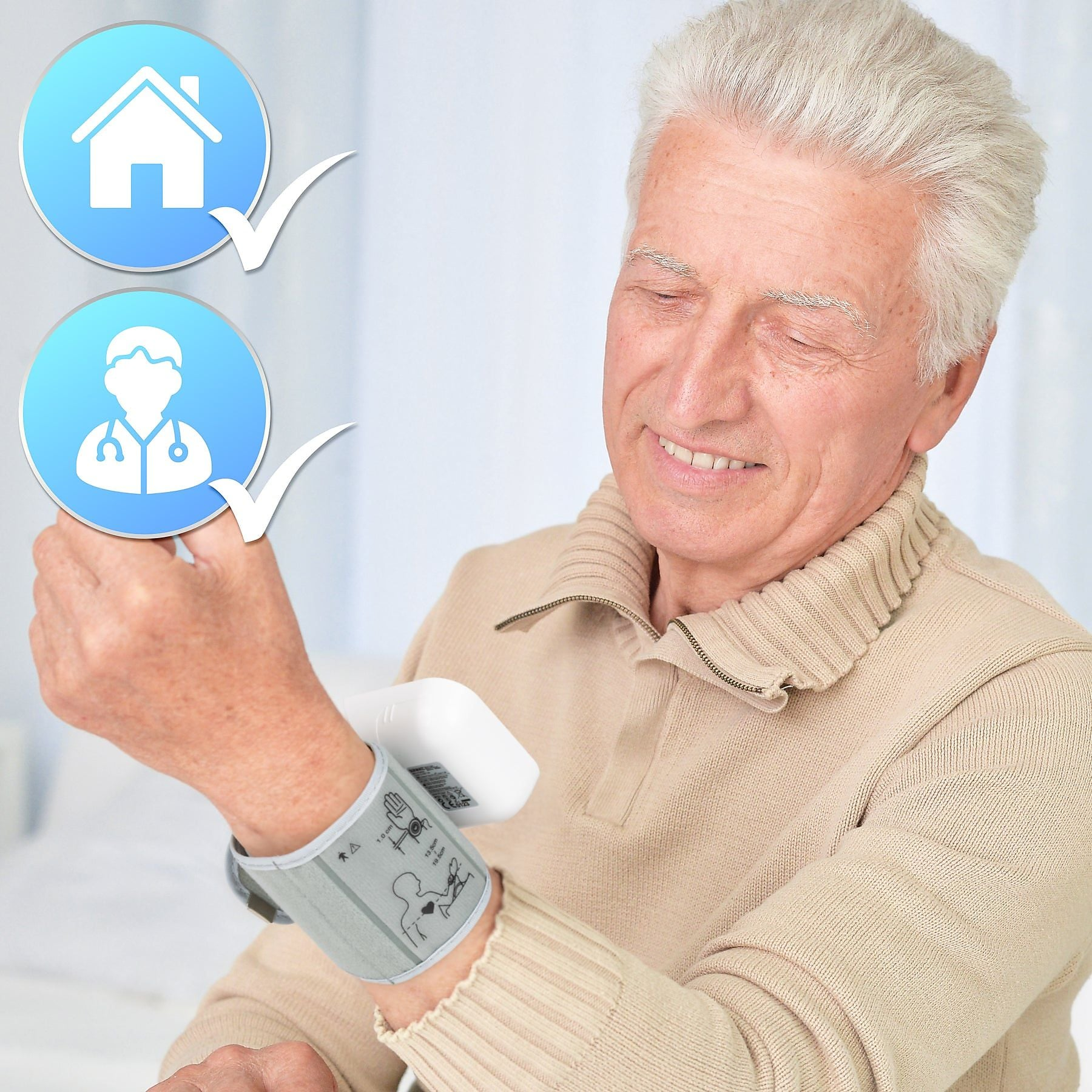 Älterer Mann mit Blutdruckmessgerät am Handgelenk und Icons für Haus und Arzt.