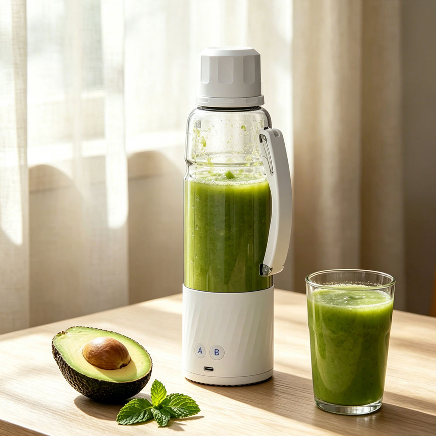 Ein tragbarer Mixer mit grünem Smoothie, Avocado und Minze auf einem Holztisch.