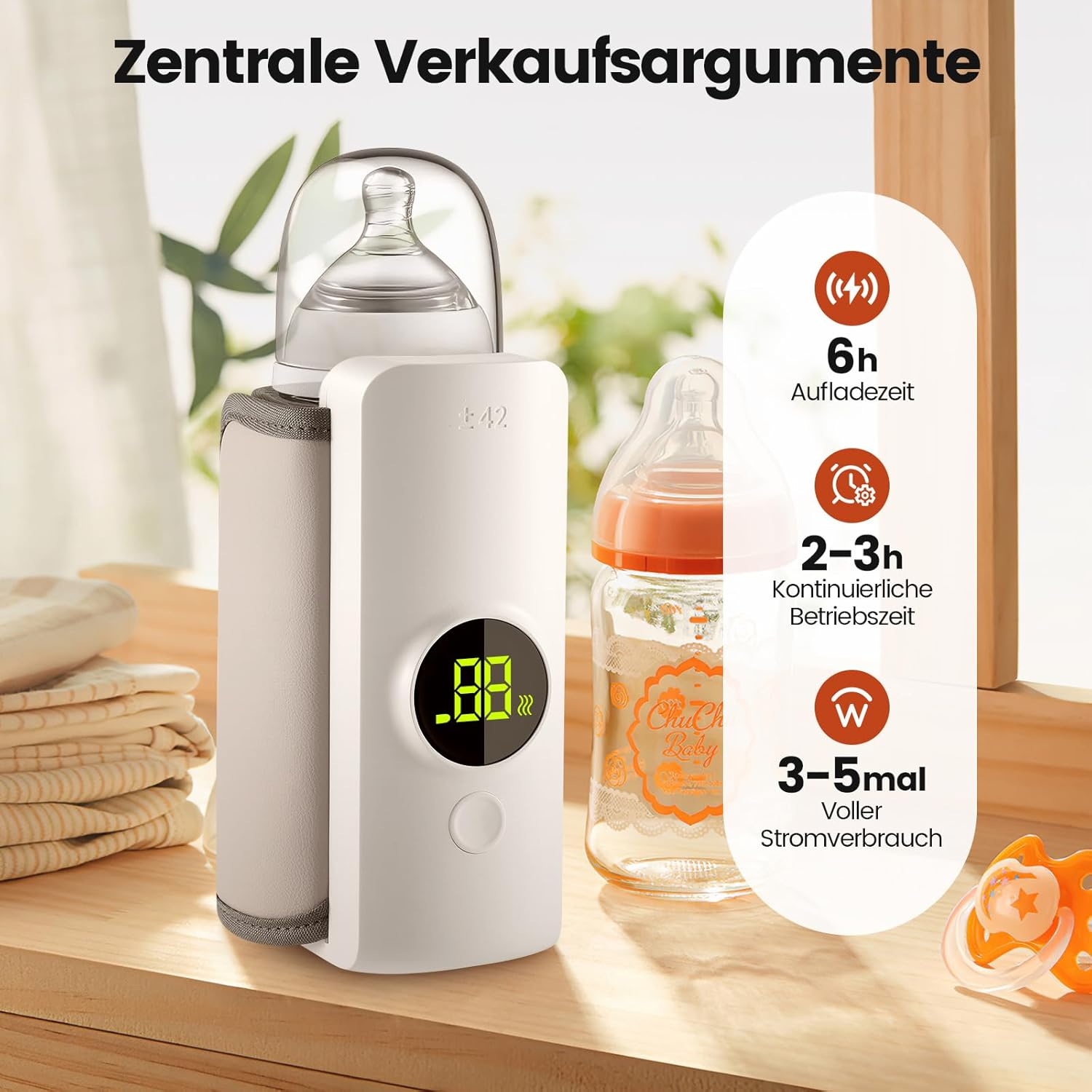 Ein weißer Flaschenwärmer mit digitaler Anzeige und Babyflasche daneben.