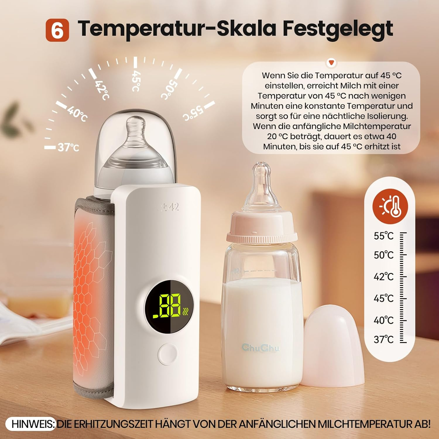 Babyflasche mit Milch und ein Heizgerät mit digitaler Anzeige, daneben eine Temperatur-Skala.