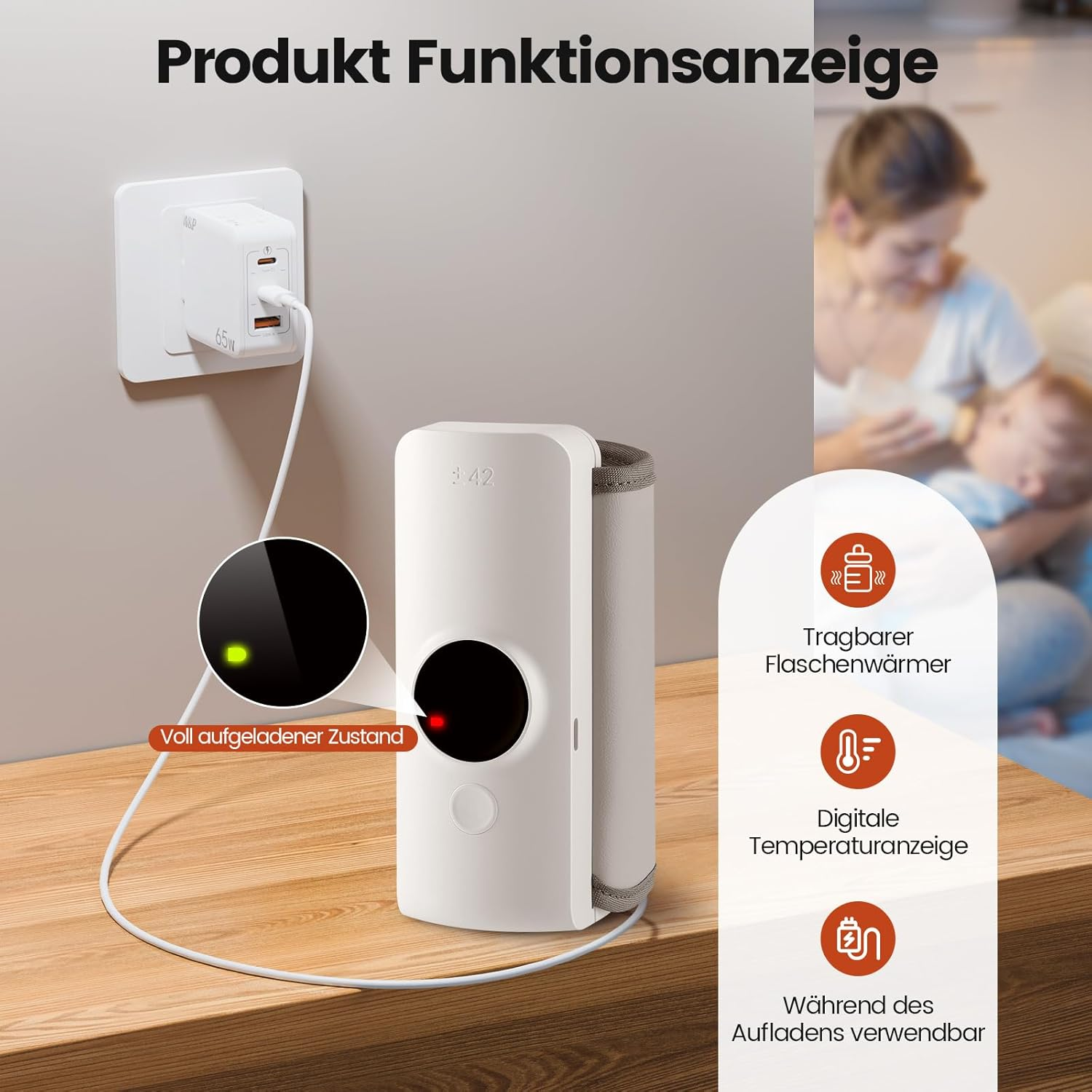 Weißer tragbarer Flaschenwärmer mit Digitalanzeige, lädt über 65W Adapter. Grünes Licht zeigt volle Ladung an.