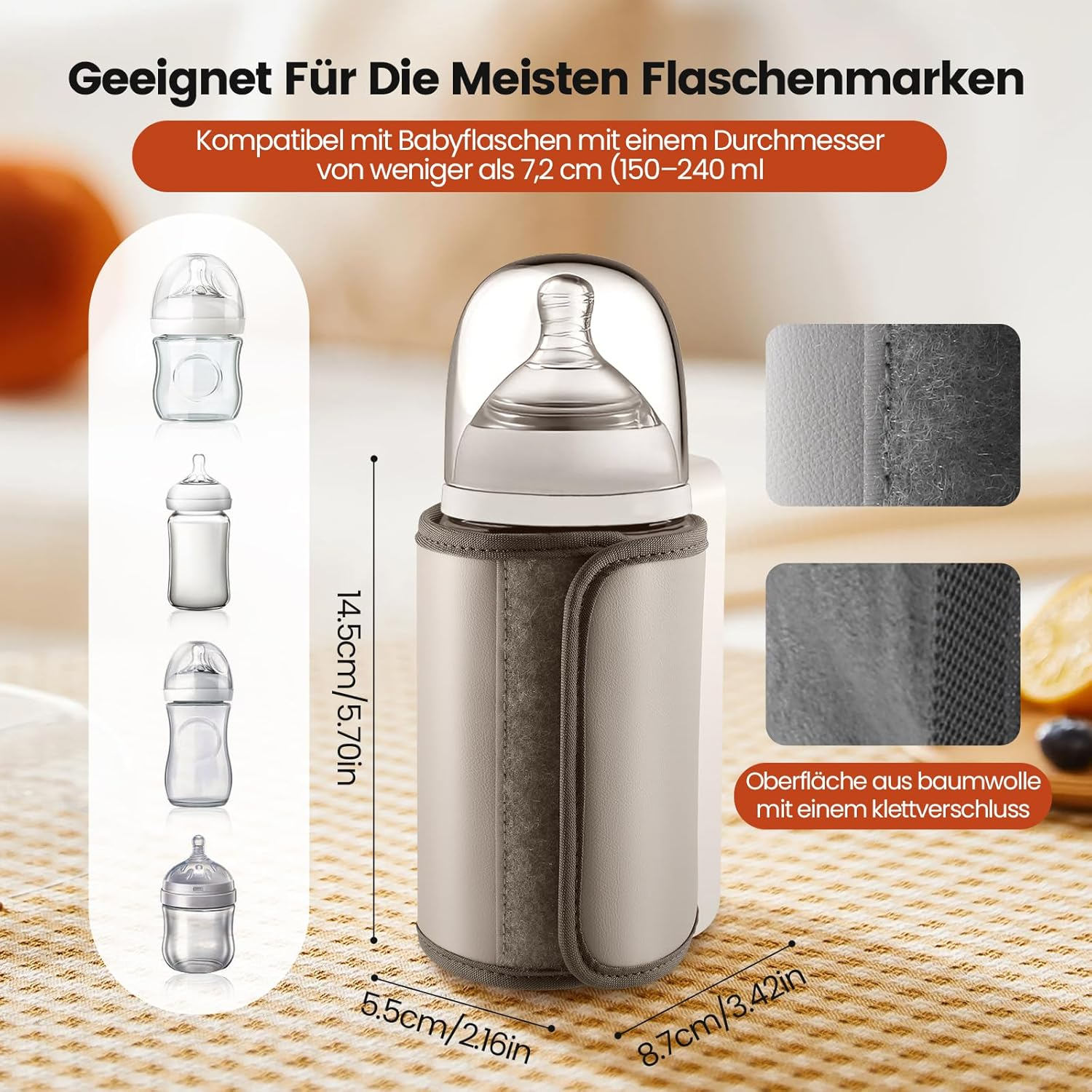 Ein Flaschenwärmer mit Babyflaschen-Motiven und Maßen. Baumwolle mit Klettverschluss.