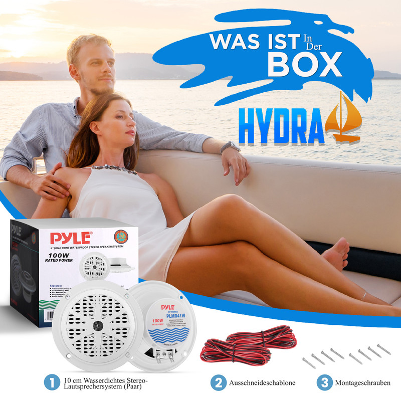 Paar weiße Pyle Hydra Wasserdicht Lautsprecher mit Kabeln und Schrauben.
