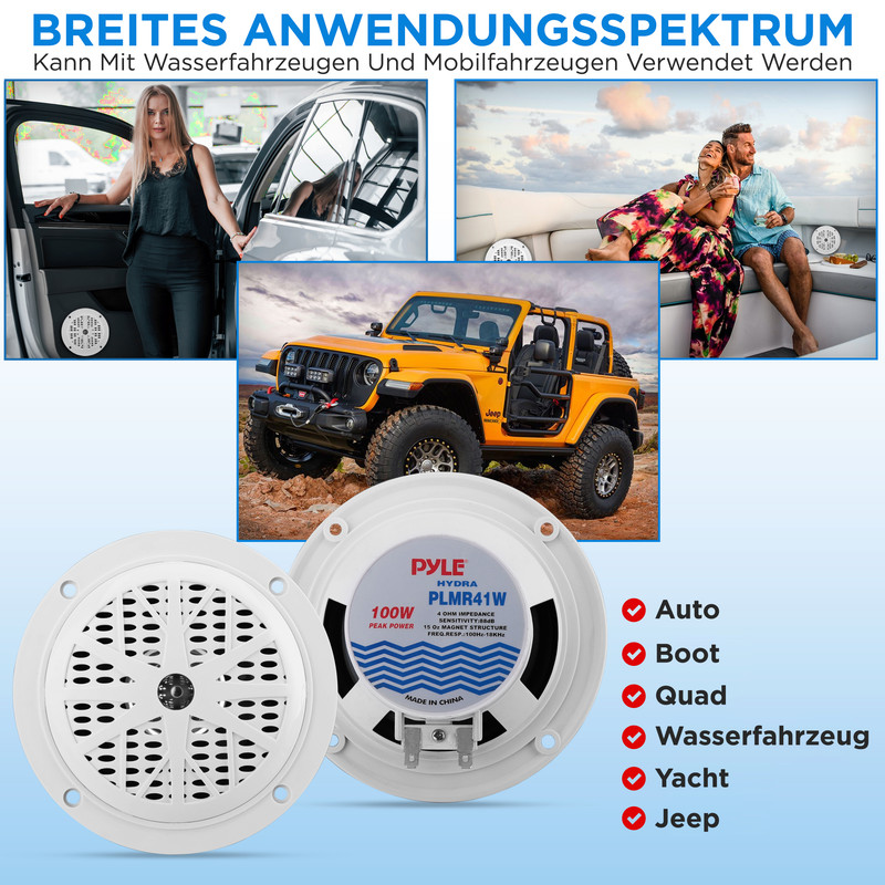 Collage zeigt Frauenauto, Paar auf Boot, Jeep und Lautsprecher. Anwendungen: Auto, Boot, Yacht.