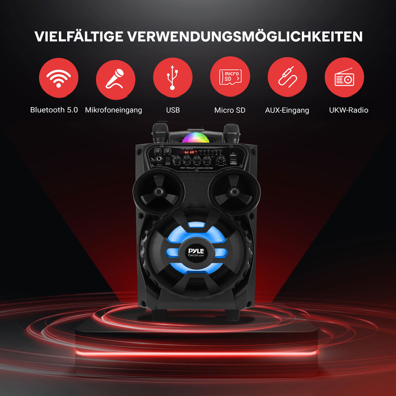 Schwarzer Lautsprecher mit Mikrofonen und blauer Beleuchtung, Optionen für Bluetooth, USB, SD.