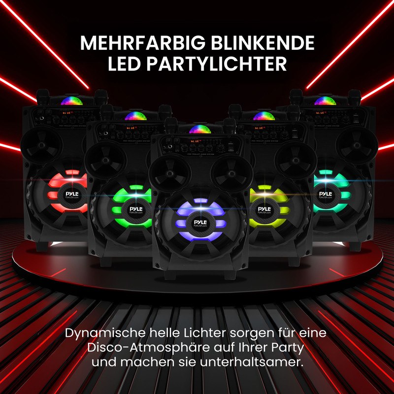 Mehrfarbige, blinkende LED-Partylichter auf einer Bühne.
