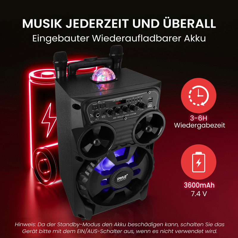 Ein schwarzer Lautsprecher mit Mikrofonen, Disco-Licht und Akku-Symbolen.