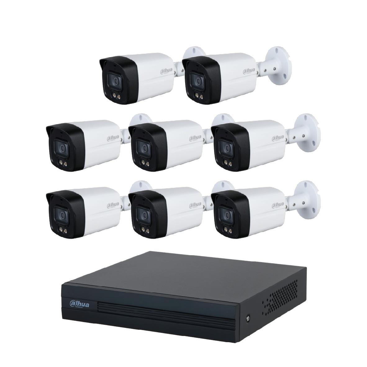 Altı beyaz Dahua güvenlik kamerası ve siyah bir DVR ünitesi sergileniyor.
