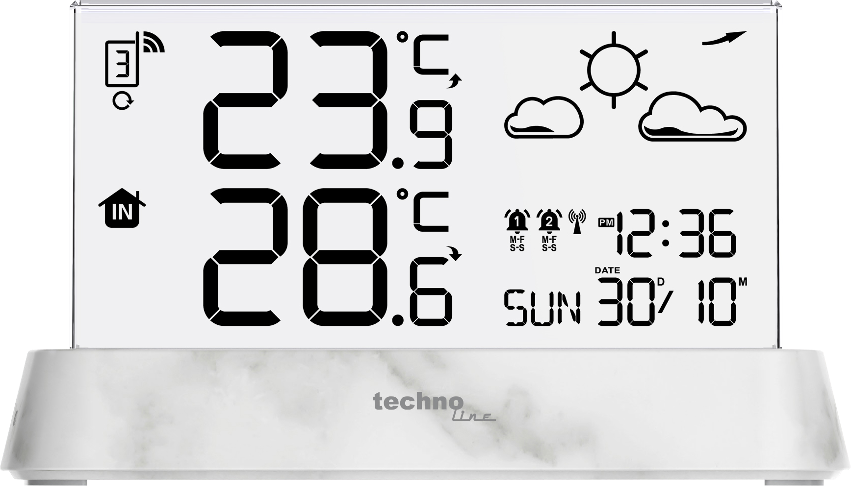 Digitaluhr zeigt 23.9 Grad, 28.6 Grad, Sonne, Wolken und 12:36 Uhr.