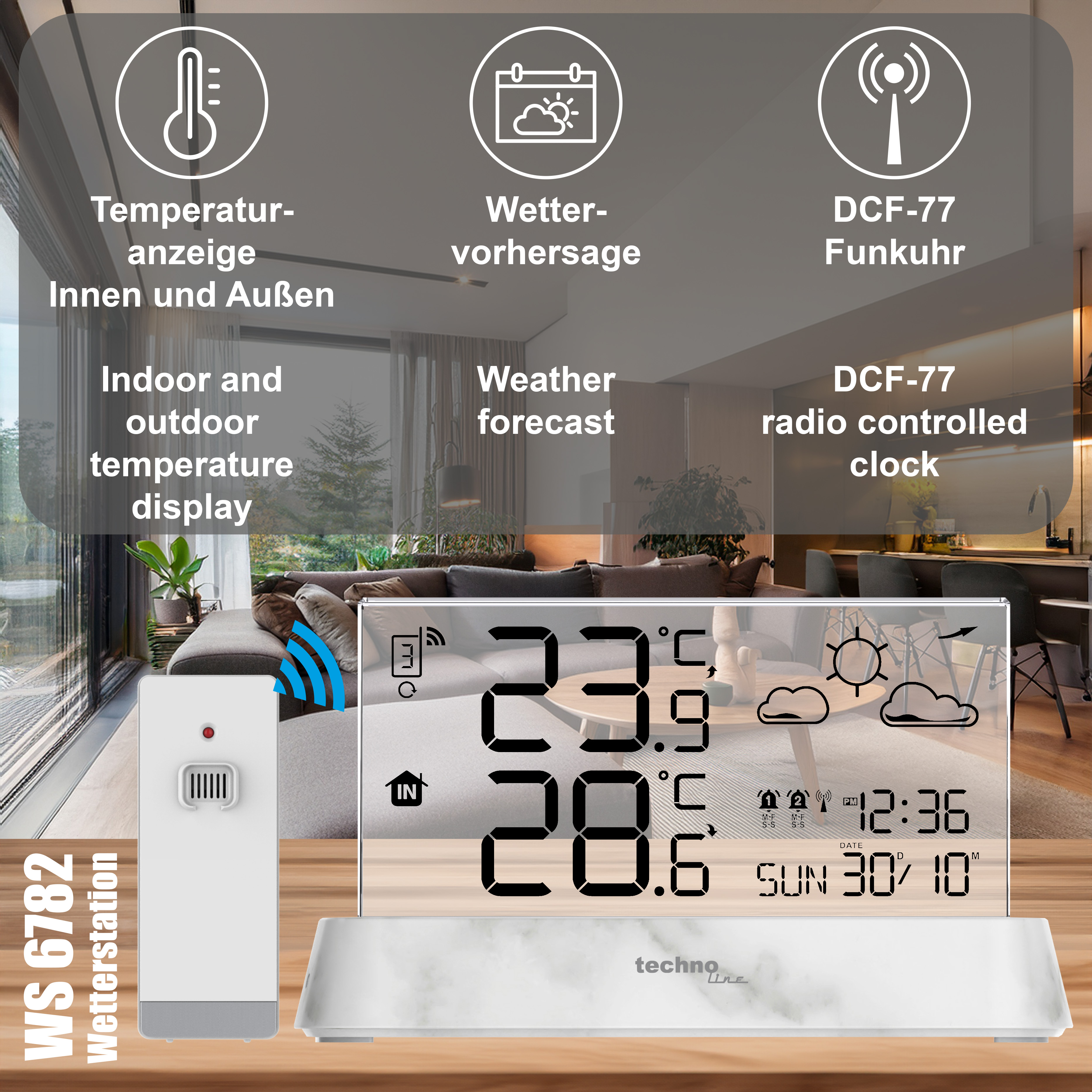 Wetterstation mit Innen-/Außentemperatur, Wettervorhersage und DCF-77 Funkuhr.