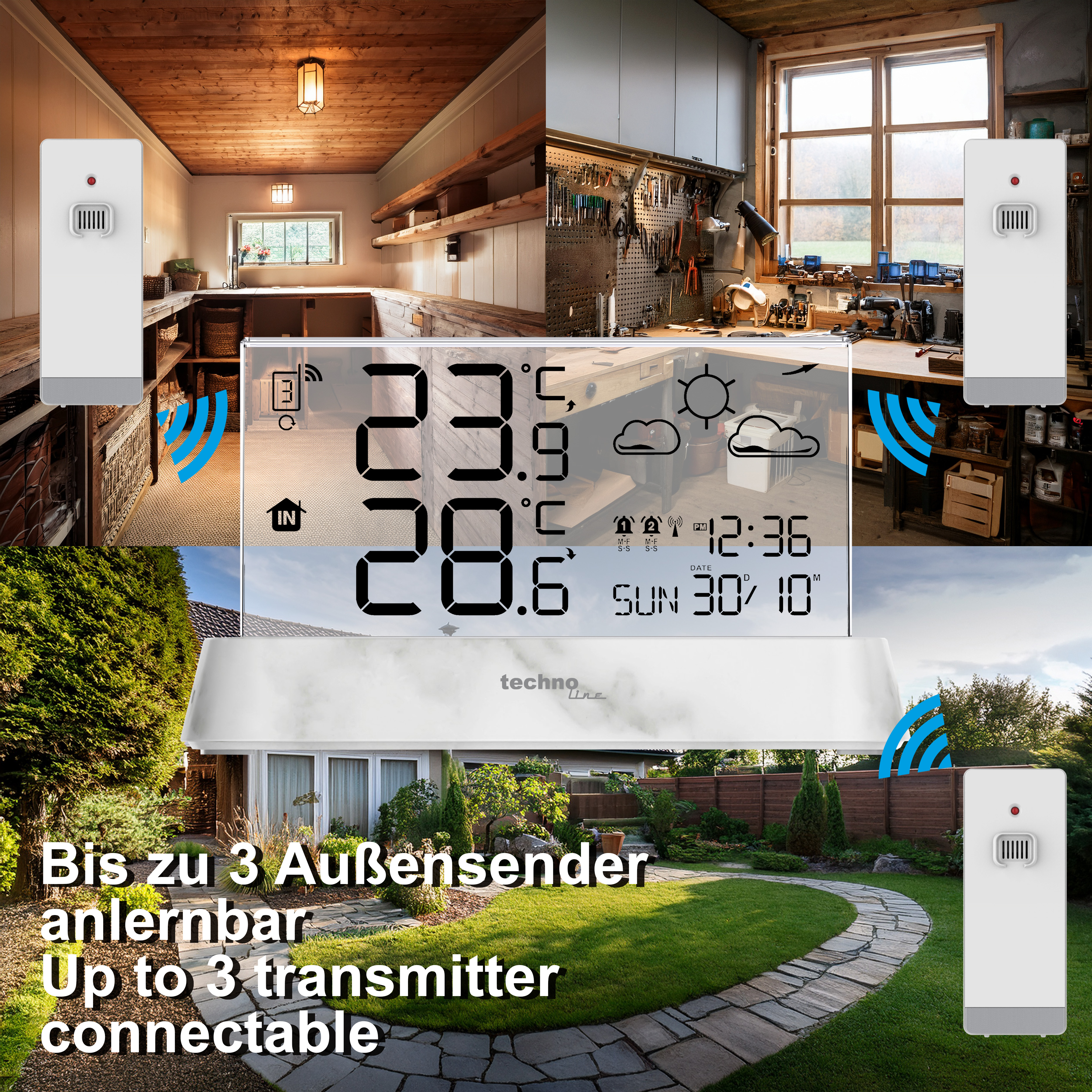 Wetterstation mit Außensender zeigt Temperatur, Datum und Wetter. Bis zu 3 Sender connectable.
