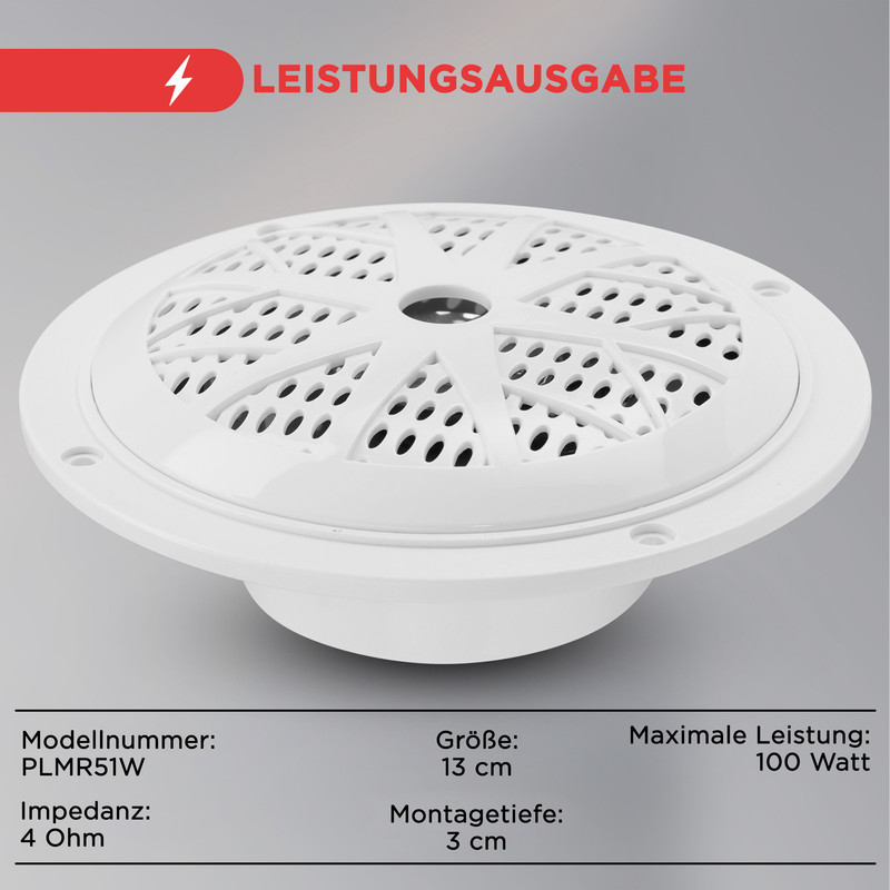 Ein weißer Lautsprecher mit Gitter und technischen Daten darunter.