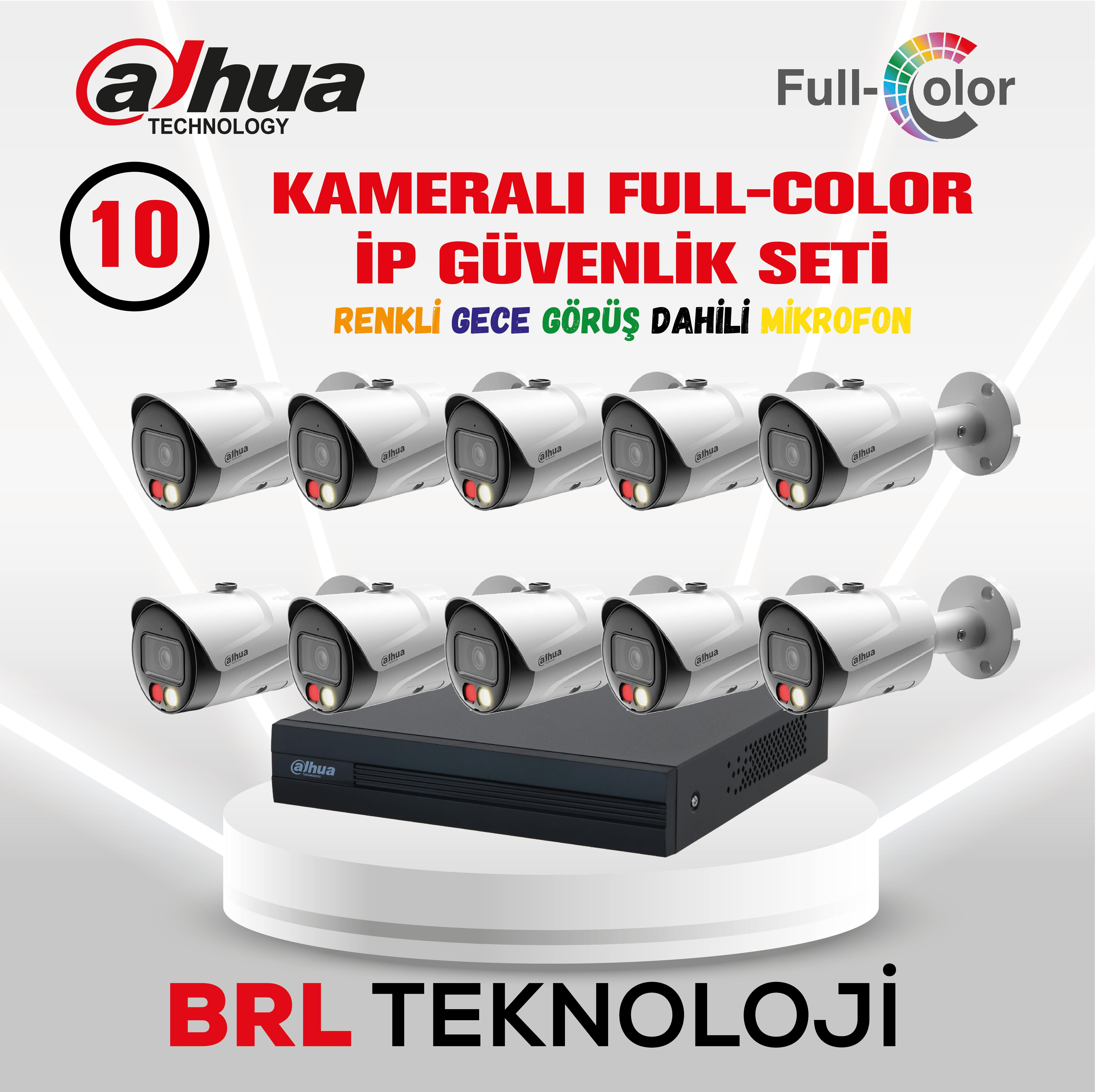 Dahua 10 kameralı, full-color gece görüşlü IP güvenlik seti, dahili mikrofon.