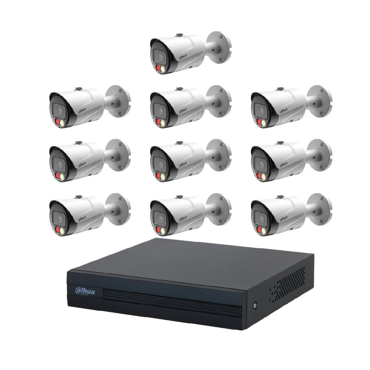 Siyah bir DVR ve dokuz beyaz güvenlik kamerası beyaz zeminde yer alıyor.