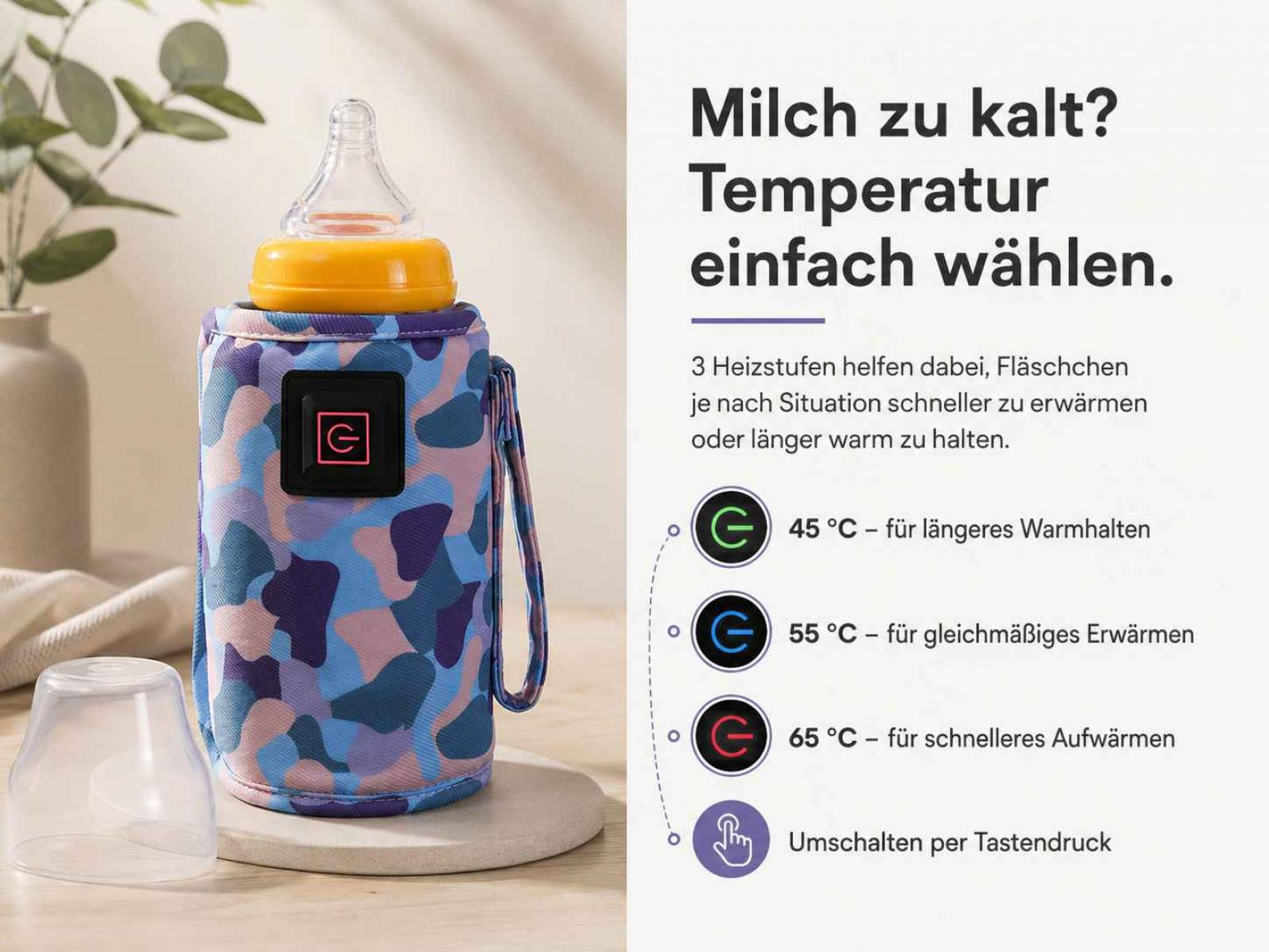 Babyflaschenwärmer mit Camouflage-Muster und drei Temperatureinstellungen.