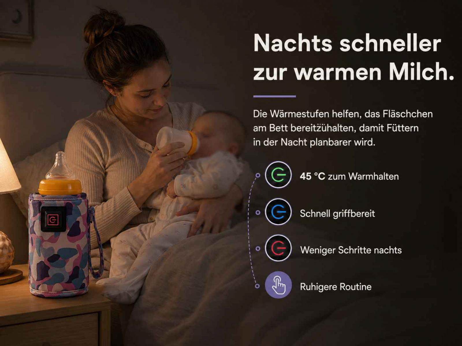 Mutter füttert Baby mit Fläschchen, daneben Flaschenwärmer mit Symbolen.