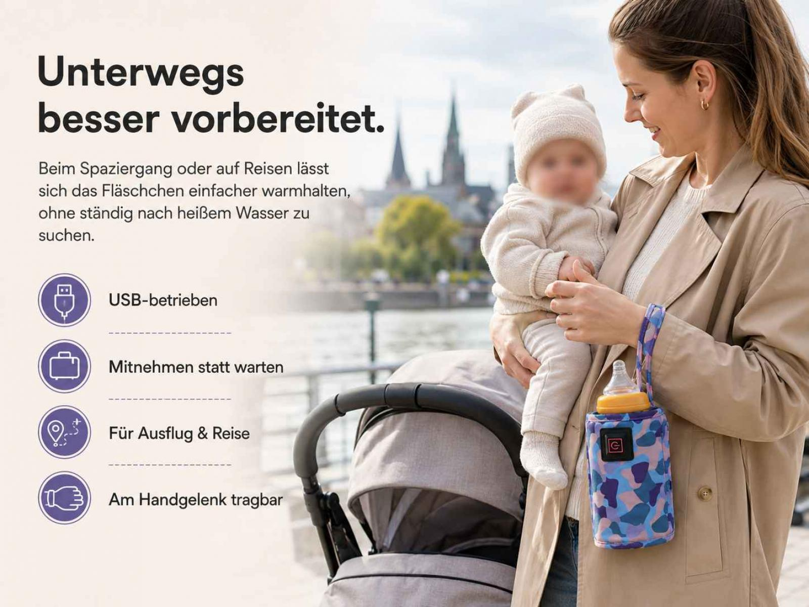 Eine Frau hält ein Baby und eine isolierte Flasche mit Camouflage-Muster. Kinderwagen im Hintergrund.