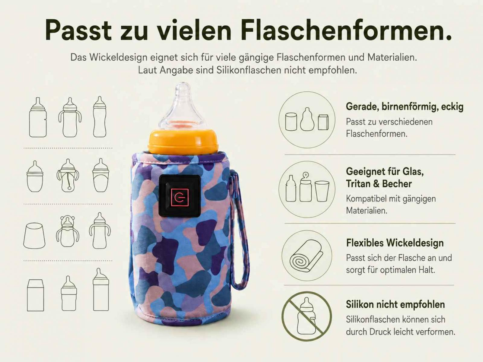 Flaschenwärmer mit Camouflage-Muster, mit verschiedenen Flaschenformen und Funktionen.