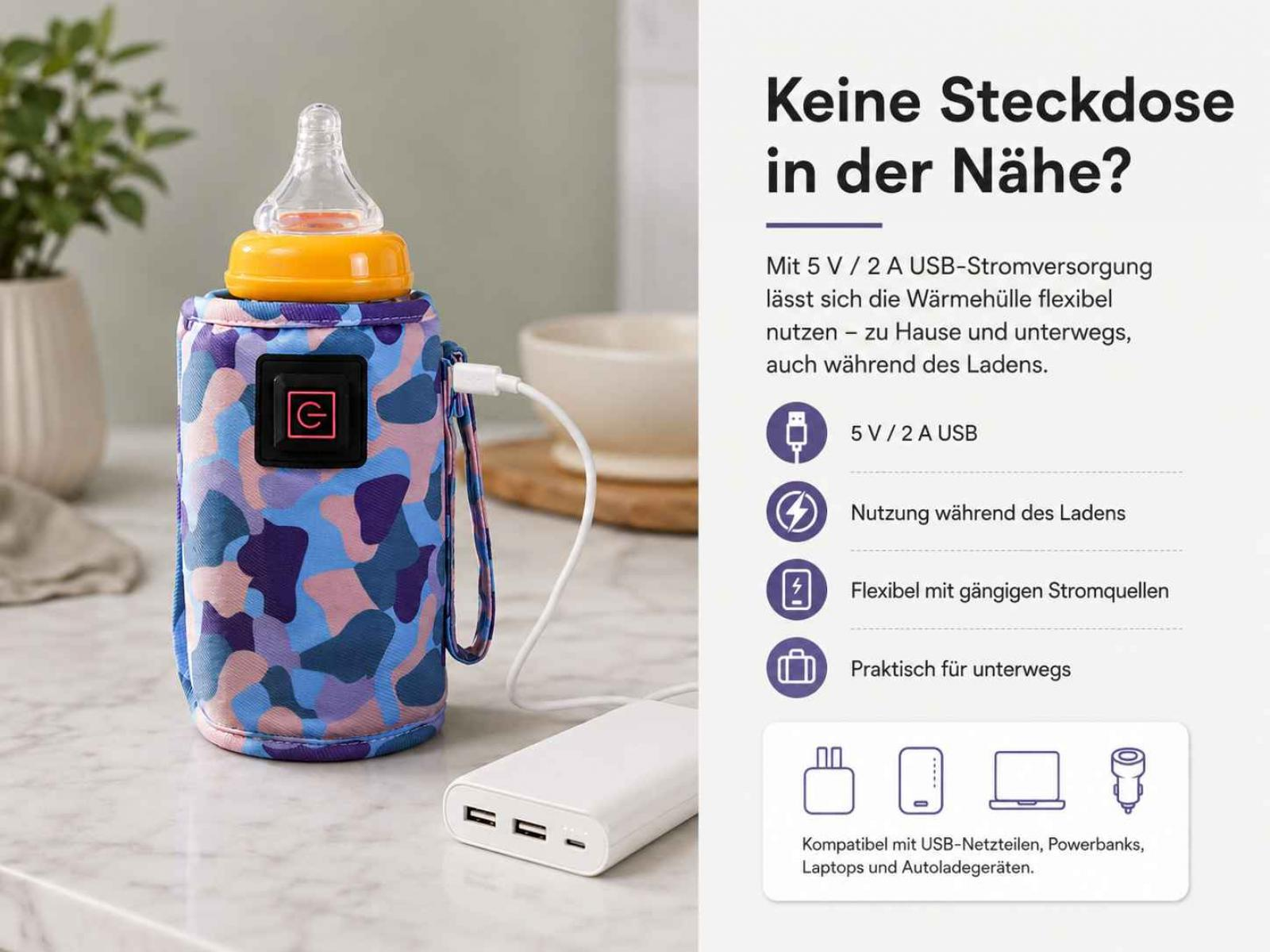 Eine Babyflasche in einem bunten Bezug wird über USB von einer Powerbank geladen.
