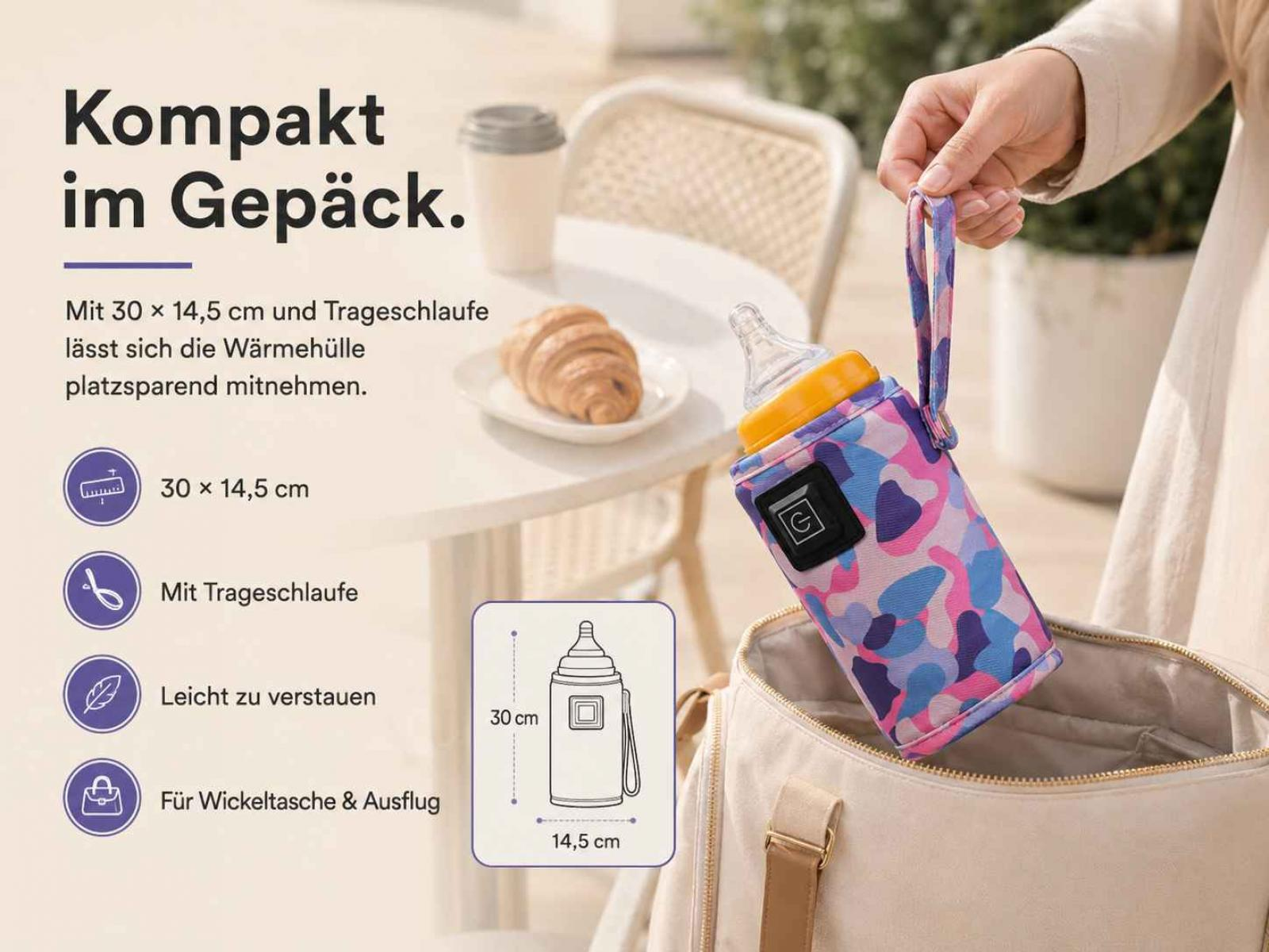 Eine bunte Flaschenhülle mit Trageschlaufe und G-Symbol wird gezeigt.
