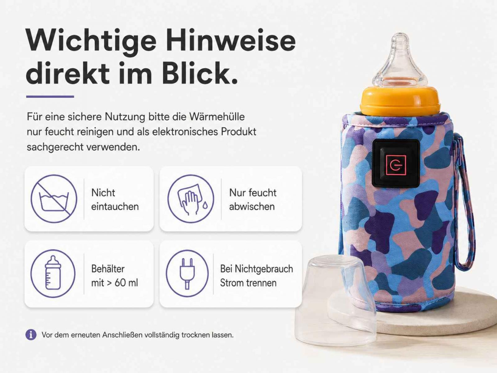 Flaschenwärmer mit Camouflage-Muster und Symbolen für die Pflege.