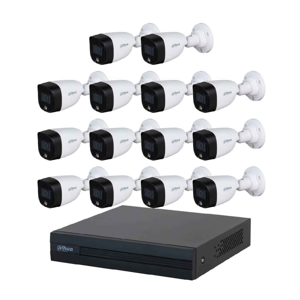 Siyah bir DVR ve siyah önlü on bir beyaz kamera.