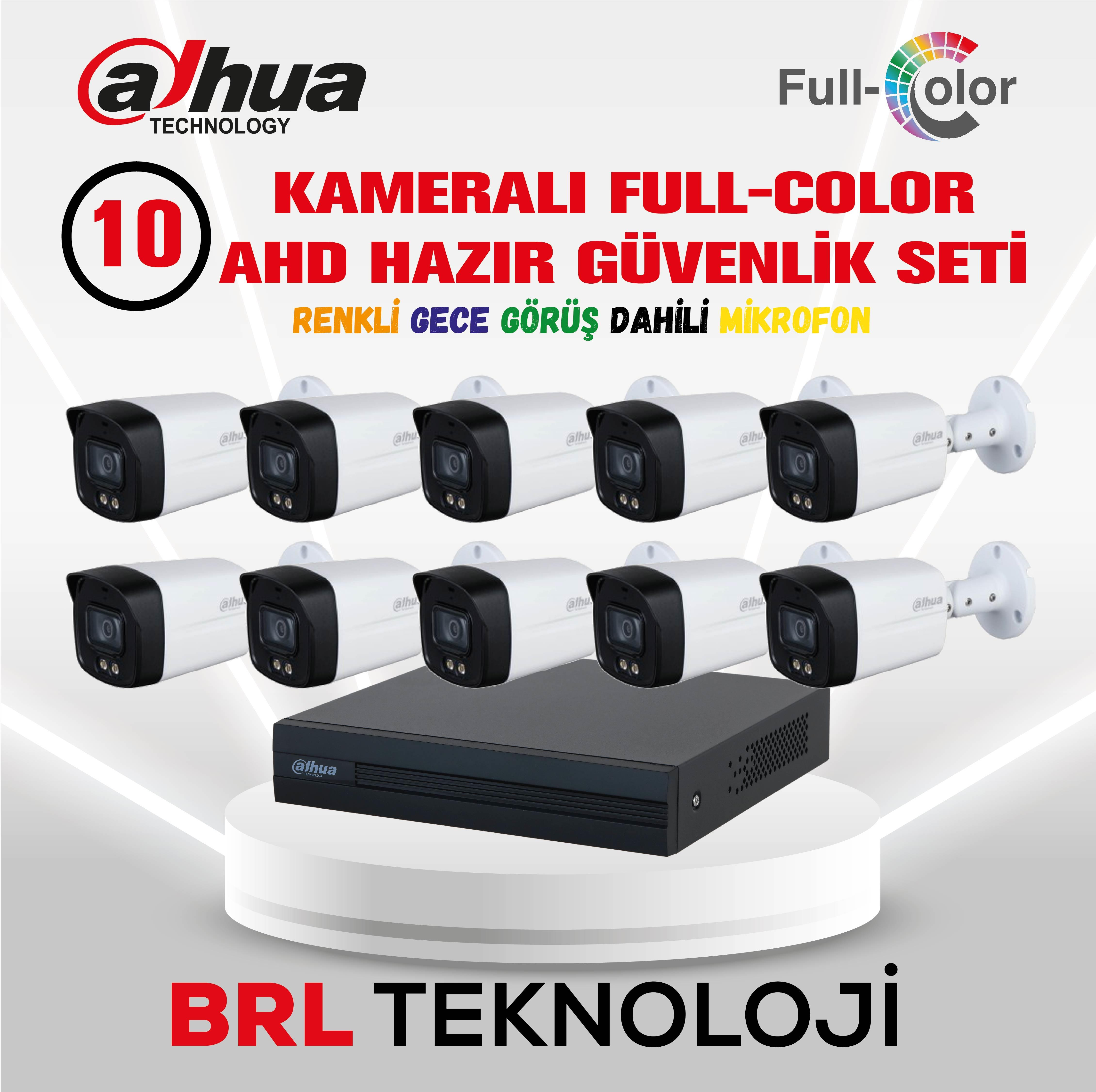 10 adet Dahua Full-Color kamera ve mikrofonlu DVR seti.