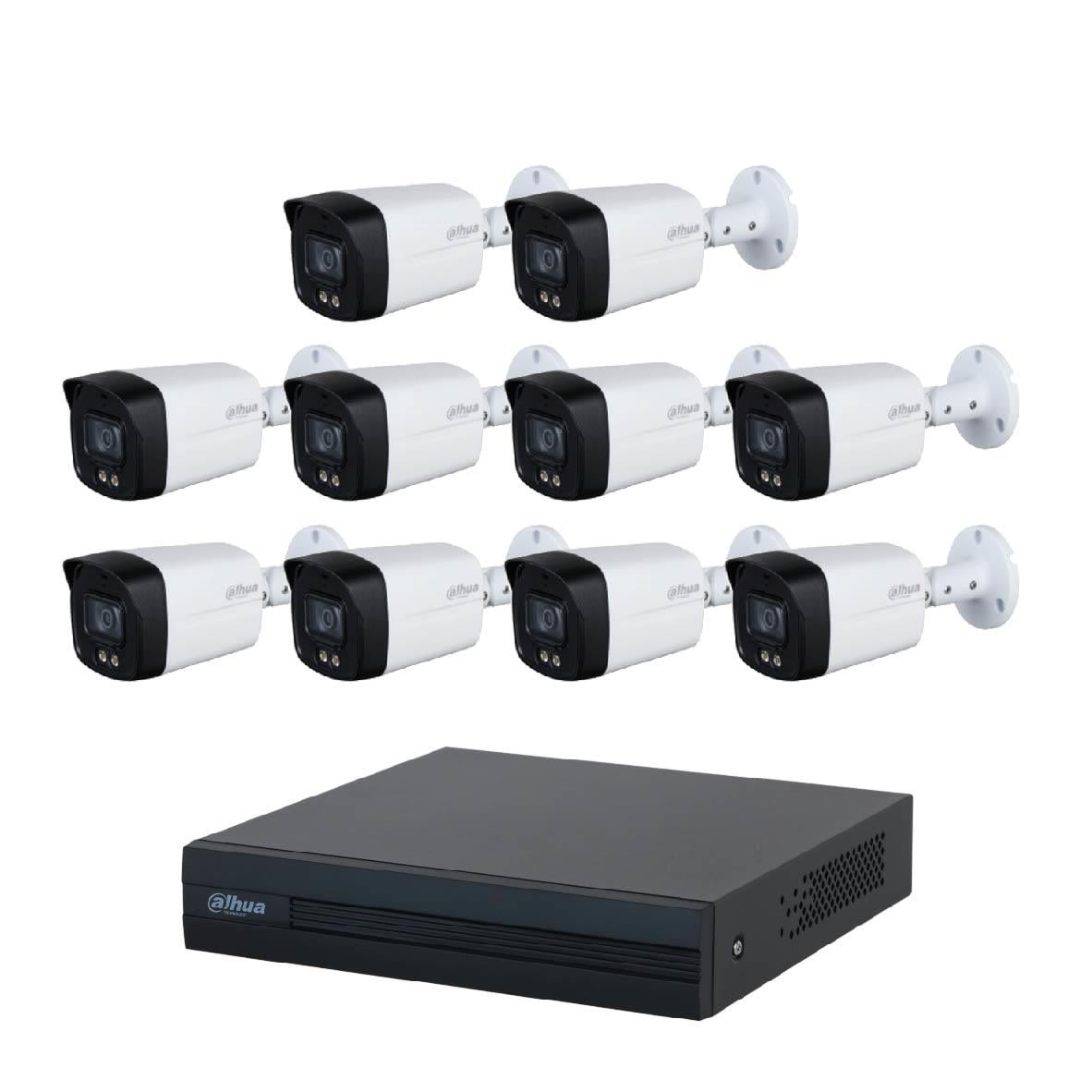 Dokuz beyaz Dahua güvenlik kamerası, siyah bir DVR kaydedicinin üzerinde üç sütunda düzenlenmiştir.