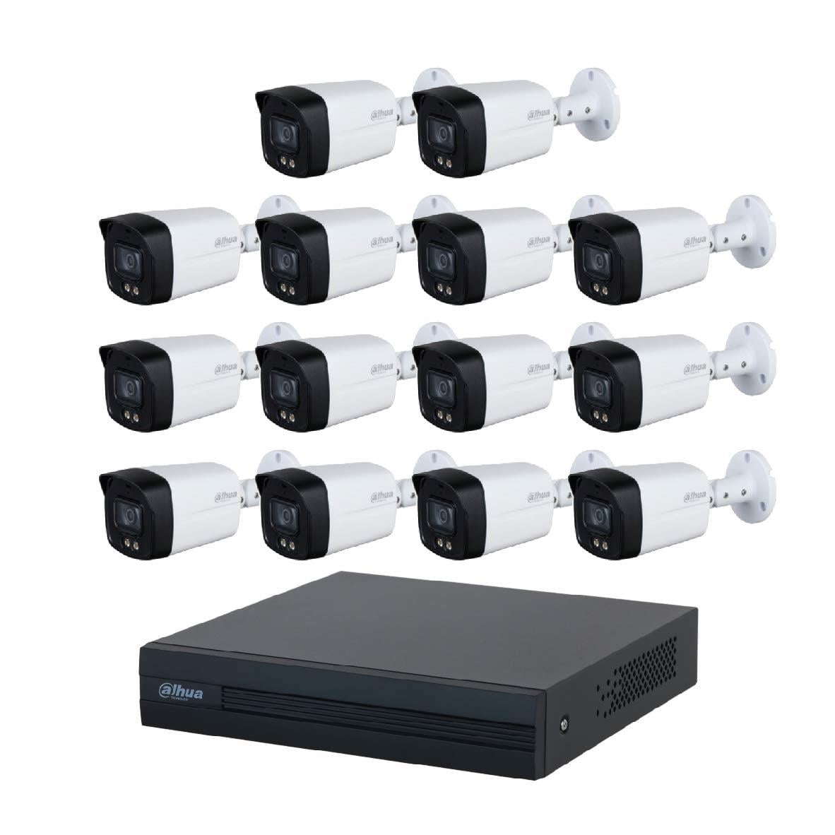 On iki beyaz güvenlik kamerası ve siyah Dahua logolu DVR kaydedici.