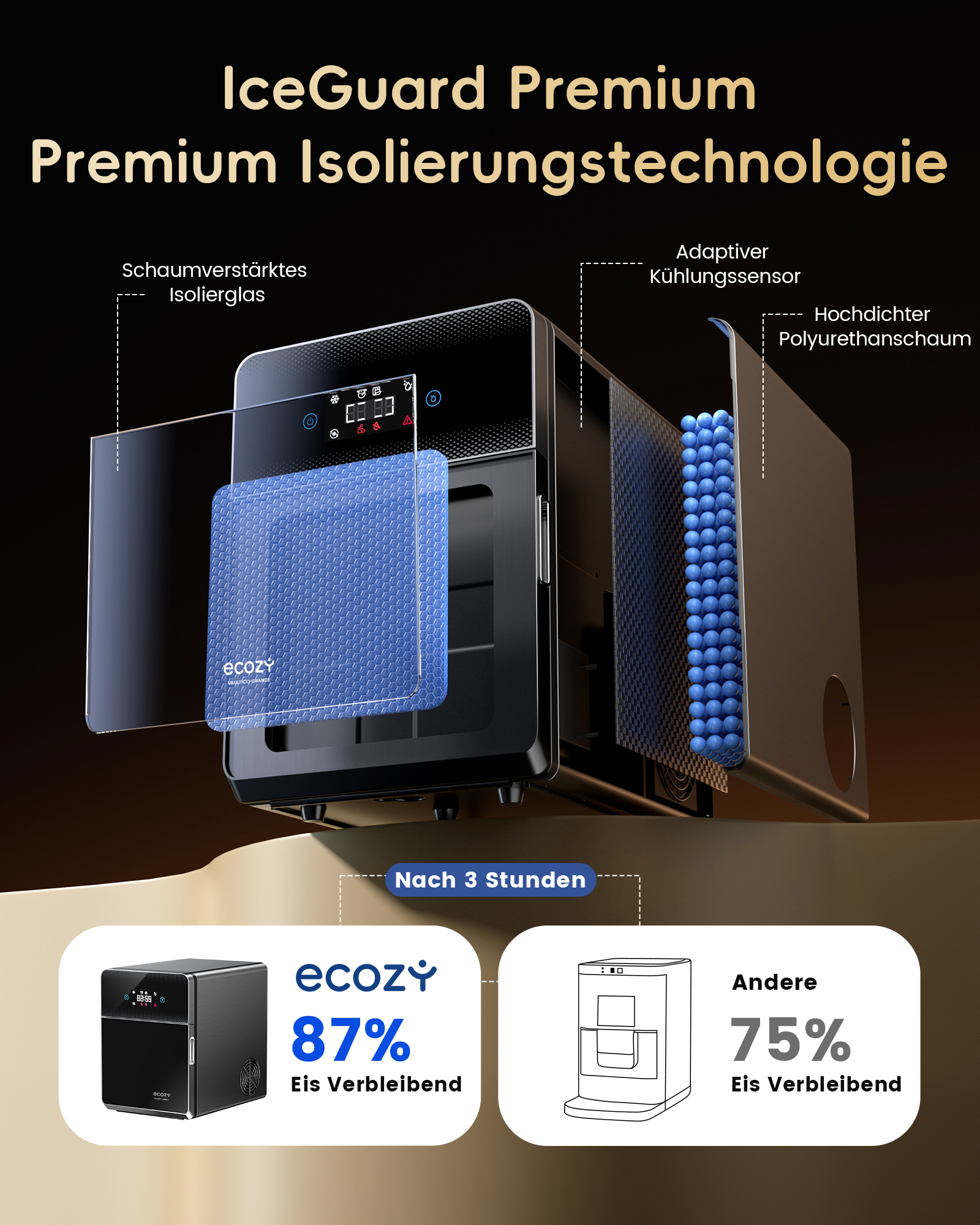 Detailansicht eines Eisbereiters mit Isolierungstechnologie, Schaumglas, Sensor und Schaum.