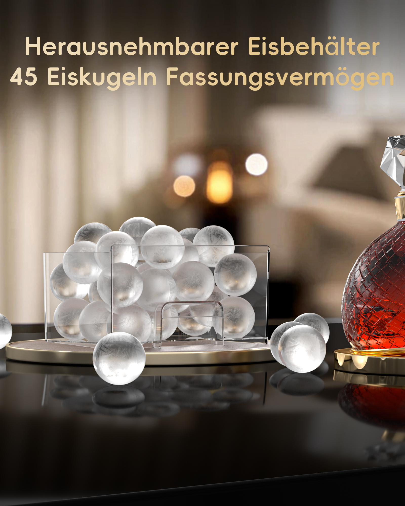 Glasbehälter mit vielen runden Eiswürfeln, daneben eine rote Flasche.
