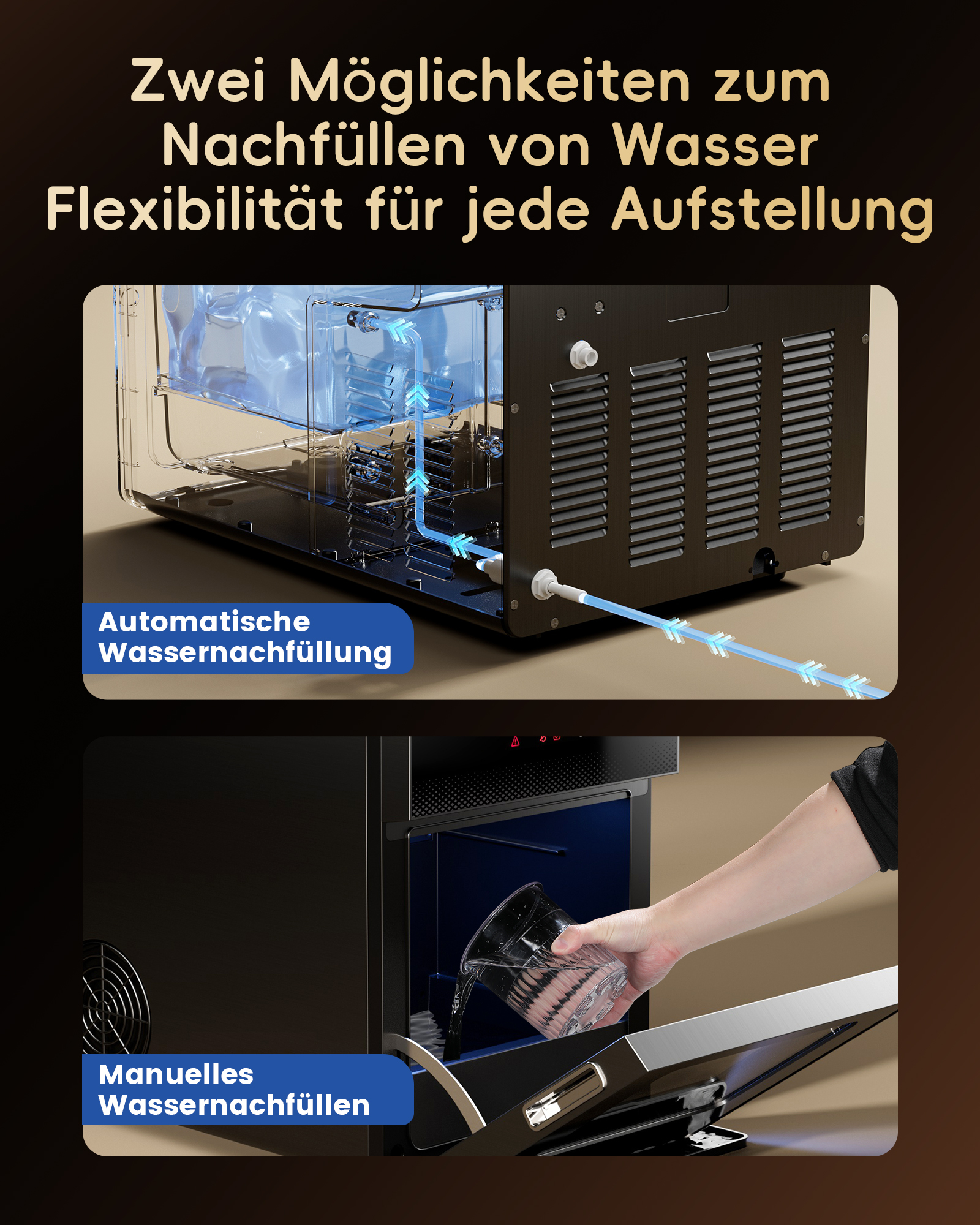 Oben: Automatische Wassernachfüllung. Unten: Manuelles Nachfüllen.