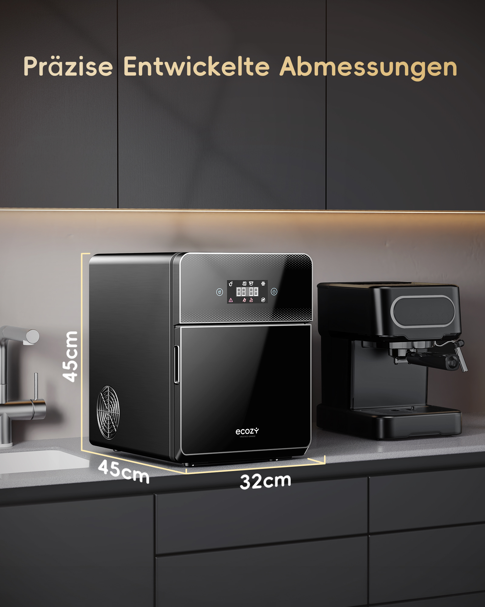 Schwarzer Kühlschrank und Kaffeemaschine auf Arbeitsplatte mit Maßangaben.