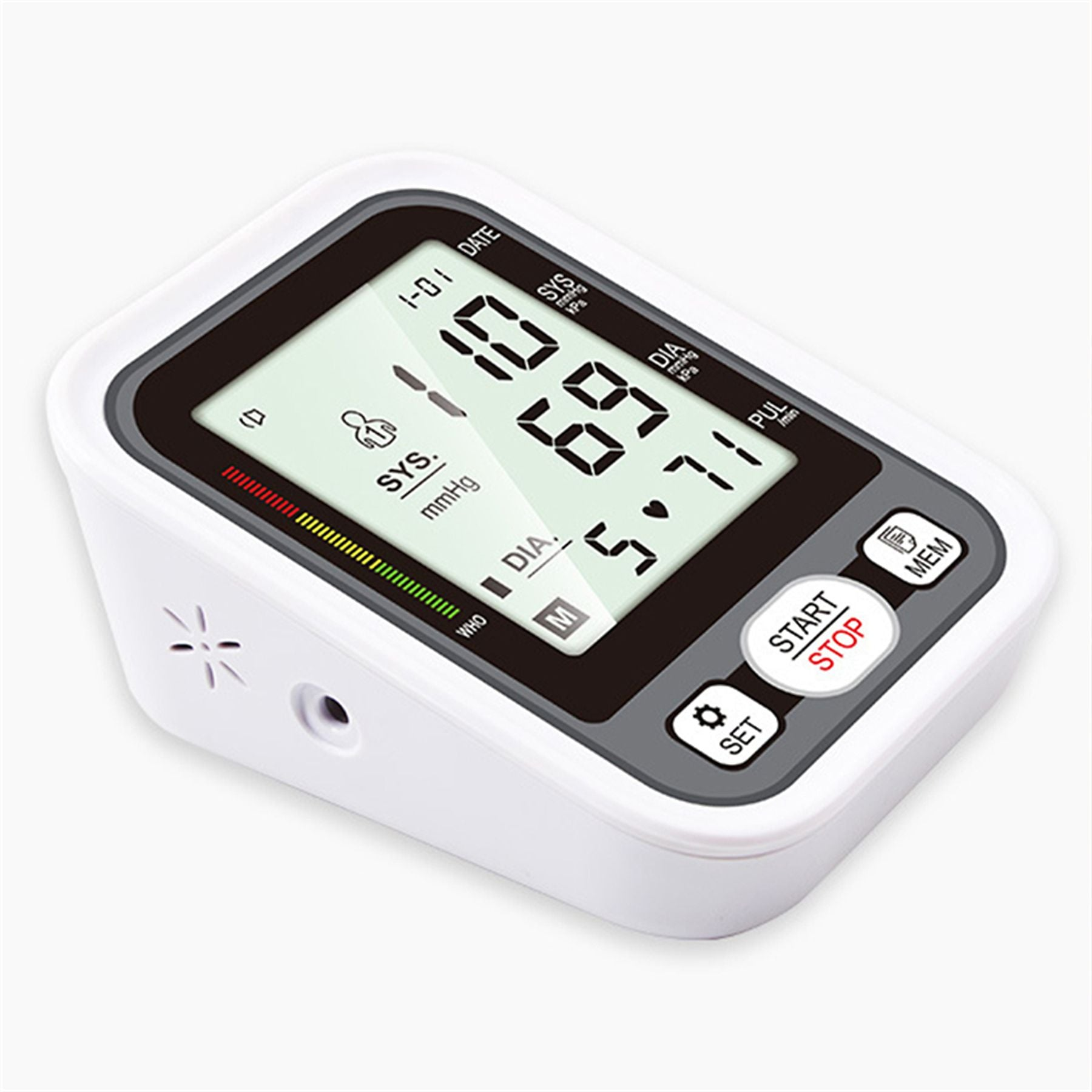 Digitales Blutdruckmessgerät mit LCD-Anzeige, Start/Stopp-Taste und Speicherfunktion.