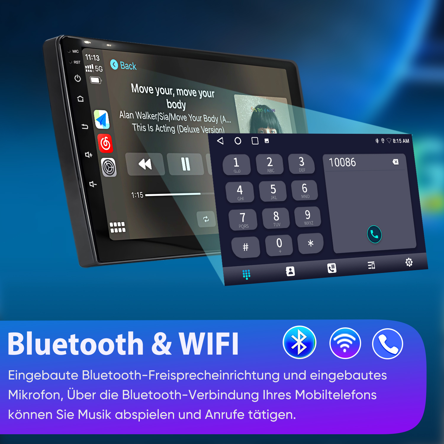 Ein Autoradio zeigt Musik-Player und Ziffernblock an. Unten sind Bluetooth- und WLAN-Symbole.