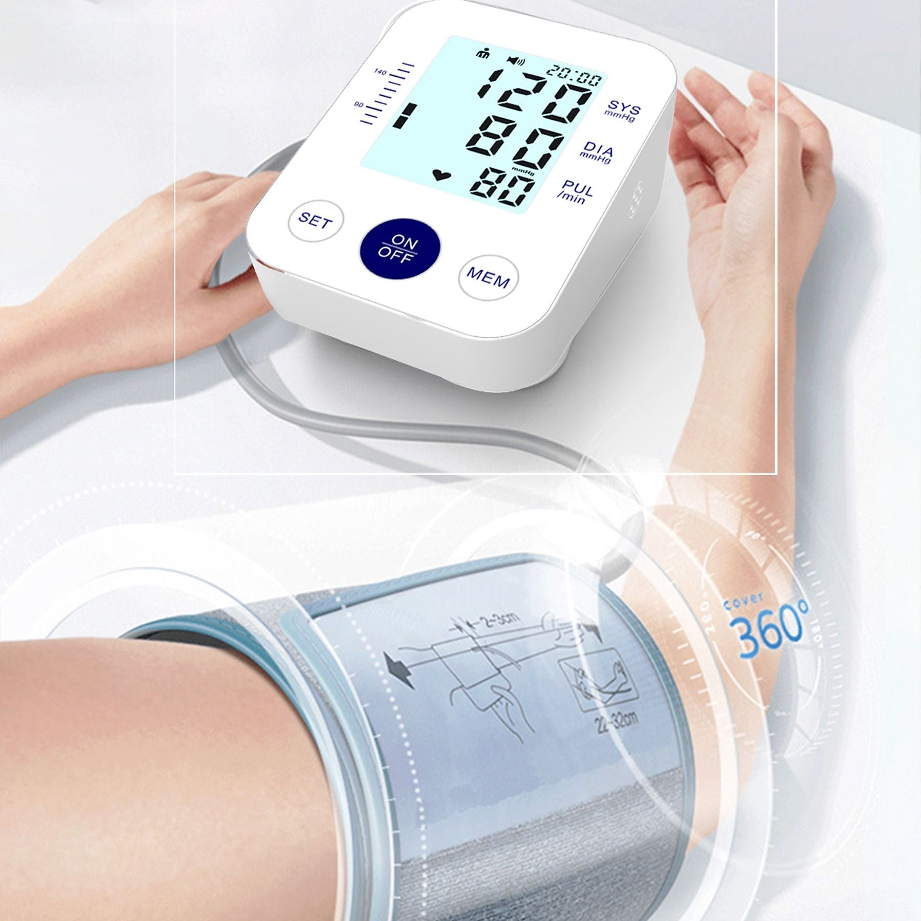 Ein digitales Blutdruckmessgerät zeigt 120/80 mmHg an, mit Manschette am Arm.